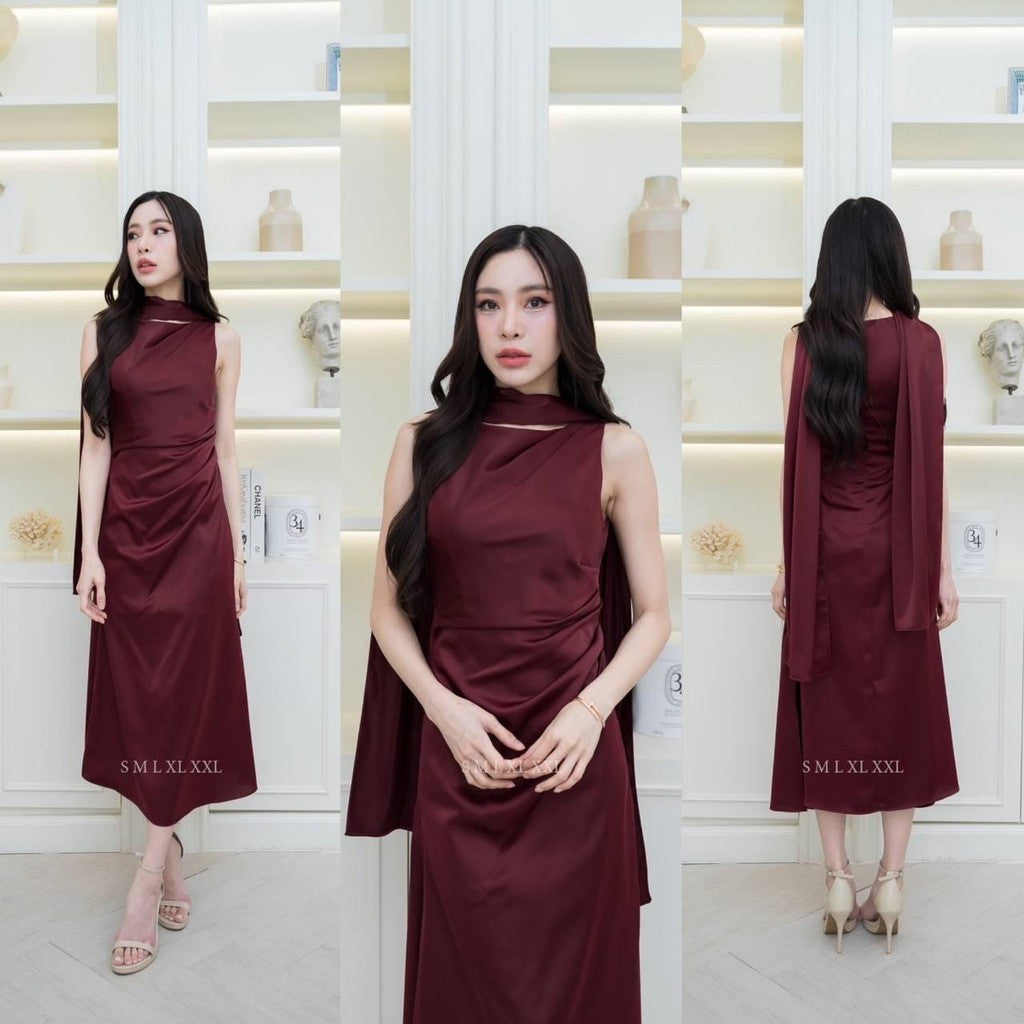ชุดไปงานแต่ง เรียบหรู ดูแพง ชุดราตรี N293 ผ้าซาติน เดรสยาว คอกลม แขนกุด ผ้าพันคอ งานแต่งงาน Woman Dress เสื้อผ้า ผู้หญิง