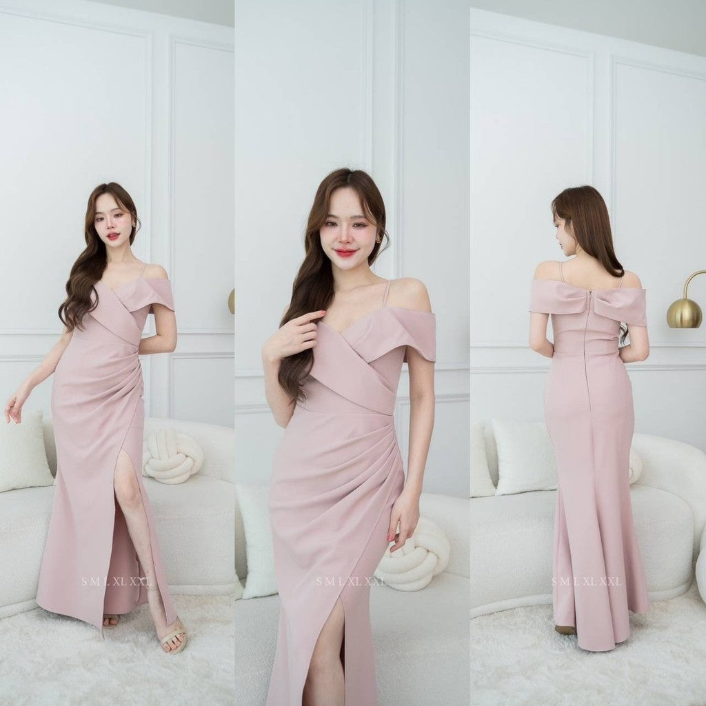 เดรสยาว ชุดออกงาน ชุดราตรียาว เดรสหรู N295 ผ้าโคโค่ สายเดี่ยวอ้อมแขน ต่ออก งานแต่งงาน Woman Dress ซาติน เสื้อผ้า ผู้หญิง