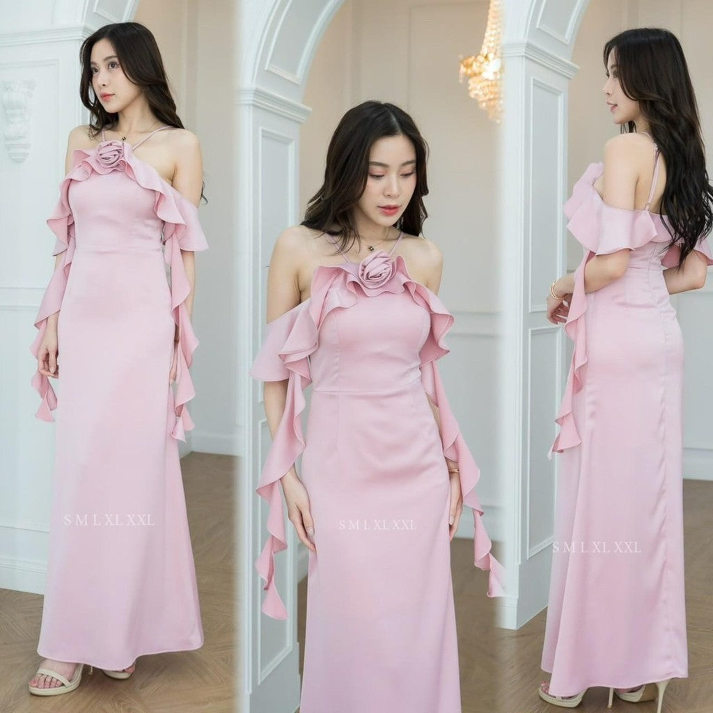 เดรสยาว เดรสออกงาน NP037 ชุดเดรส ชุดราตรี เกรดพรีเมี่ยม สายเดียว มีดอกไม้ งานแต่งงาน Woman Dress