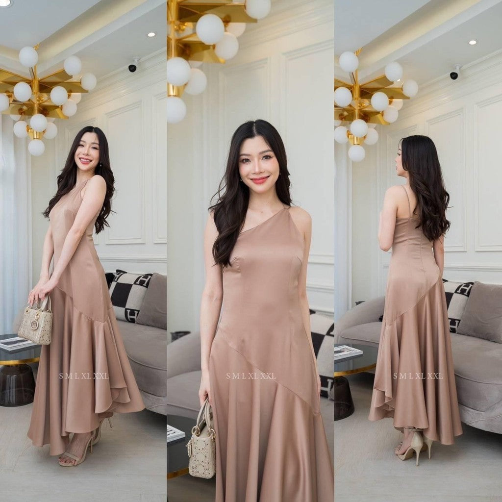 ชุดไปงานแต่ง ชุดไปงานแต่งงาน ชุดเดรส ชุดราตรี N292 ผ้าเครปซาติน เดรสยาว ปาดไหล่ 2 สาย ชายหางปลา งานแต่งงาน Woman Dress