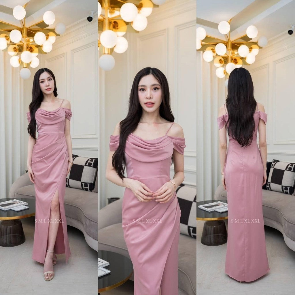 ชุดไปงานแต่ง ชุดไปงานแต่งงาน ชุดเดรส ชุดราตรี N294 ผ้าเครปซาติน คอถ่วง3ชั้น ระบายแยก อิสระ งานแต่งงาน เสื้อผ้า ผู้หญิง