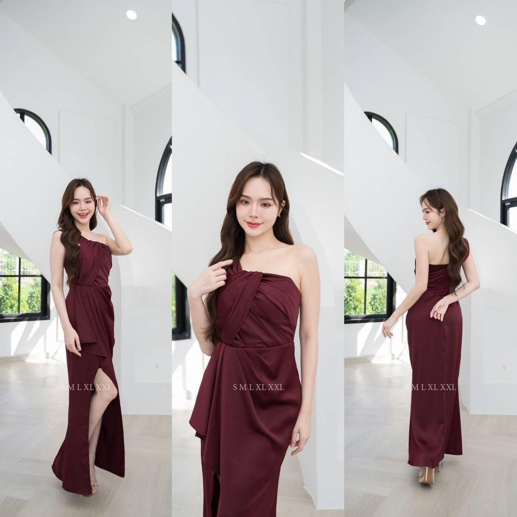เดรสยาว ชุดเดรส ชุดราตรี NP045 พรีเมี่ยม แต่งอกเก๋ๆ กระโปรงยาว จีบพรางท้อง Woman Dress ผู้หญิง