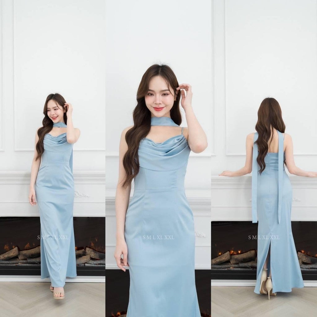 ชุดไปงานแต่ง ชุดไปงานแต่งงาน ชุดเดรส ชุดราตรี N291 ผ้าเครปซาติน เดรสยาว สายเดี่ยว คอถ่วง กระโปรงยาว เสื้อผ้า ผู้หญิง