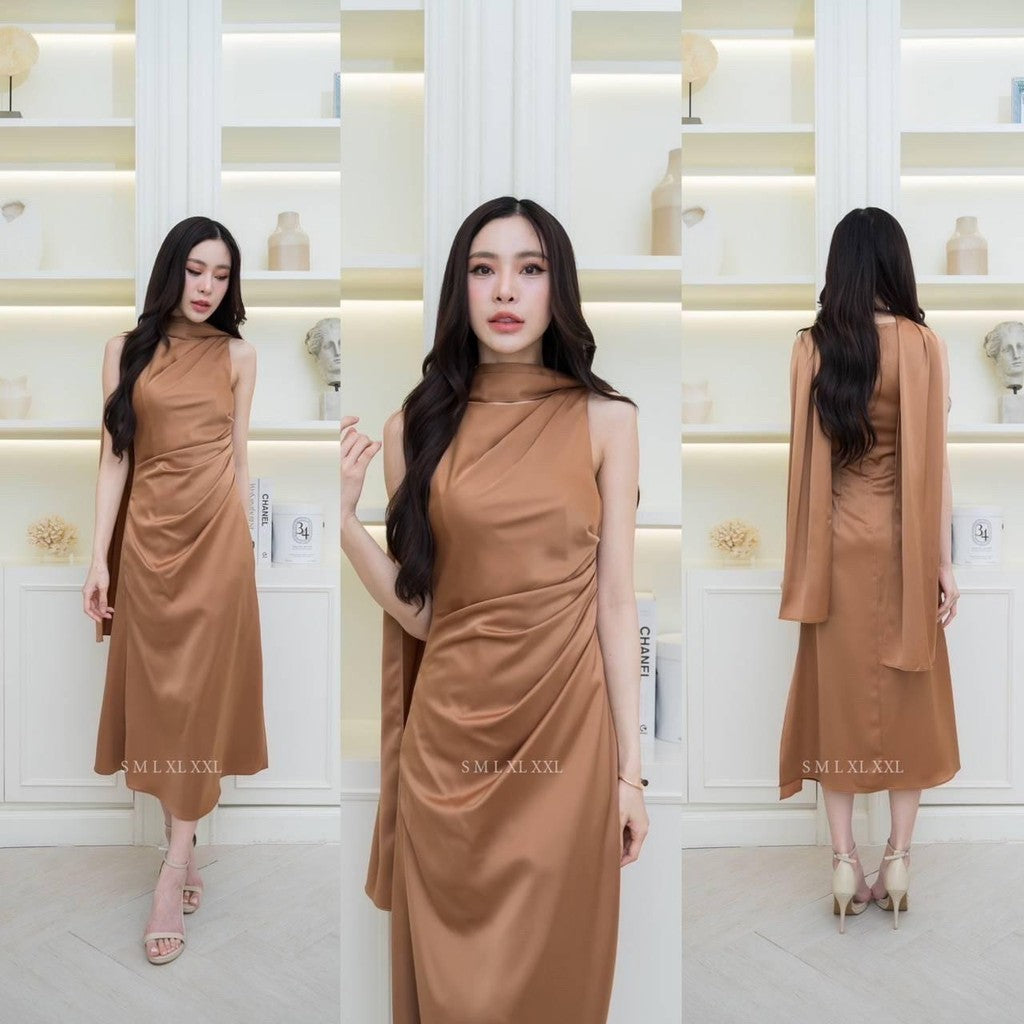 เดรสยาว ชุดออกงาน ชุดราตรี เดรสหรู N293 ผ้าเครปซาติน คอกลม แขนกุด แถมผ้าพันคอ ผู้หญิง Dress Woman