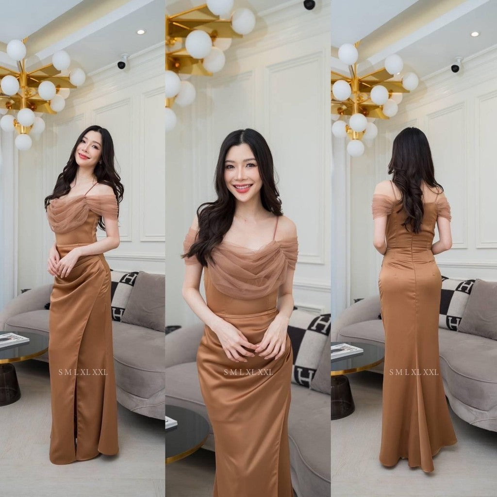 ชุดไปงานแต่ง เรียบหรู ดูแพง ชุดราตรี NP049 เกรดพรีเมี่ยม ผ้าเครปซาติน สายเดี่ยว มุ้งคอถ่วง  Woman Dress เสื้อผ้า ผู้หญิง