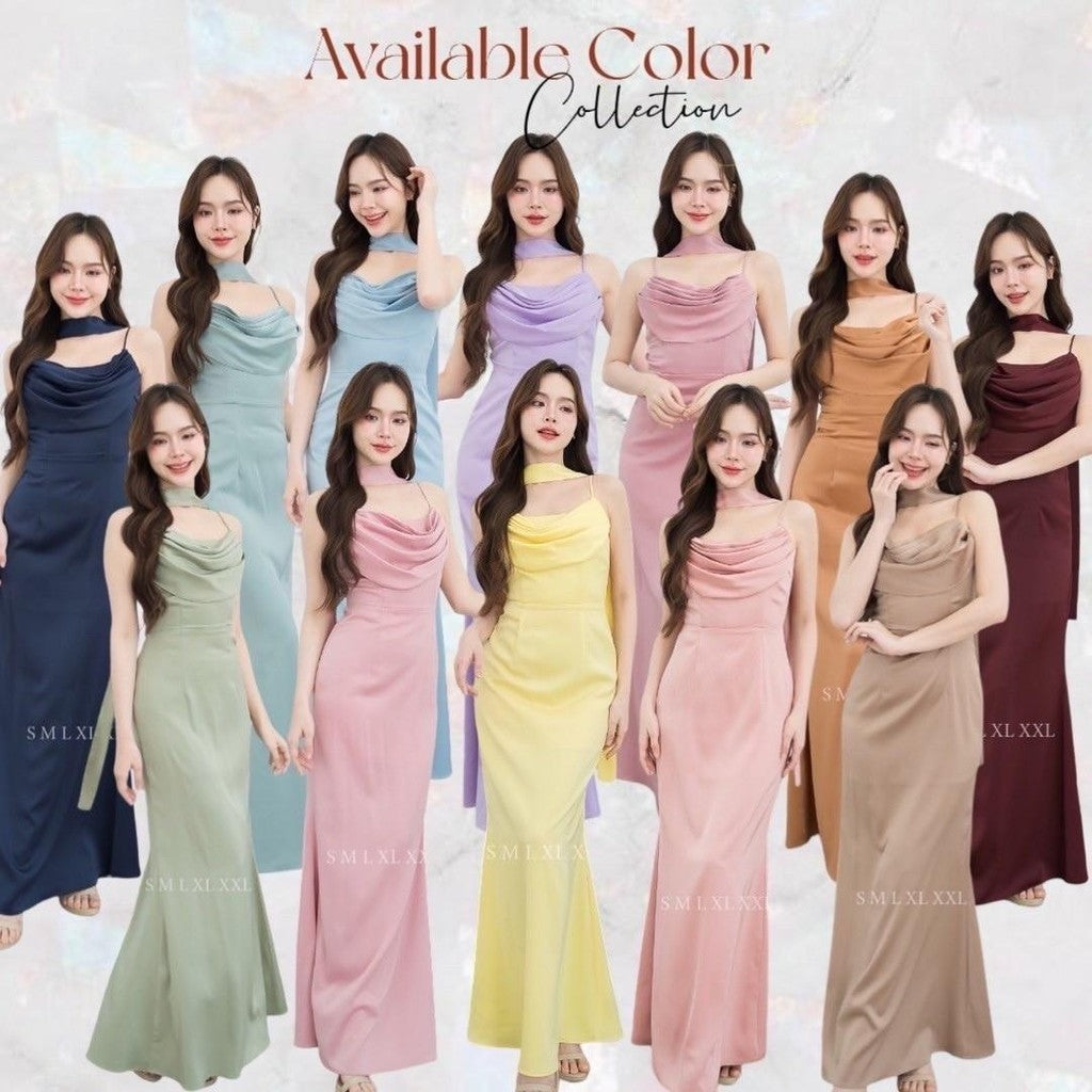 ชุดไปงานแต่ง ชุดไปงานแต่งงาน ชุดเดรส ชุดราตรี N291 ผ้าเครปซาติน เดรสยาว สายเดี่ยว คอถ่วง กระโปรงยาว Woman Dress  ผู้หญิง