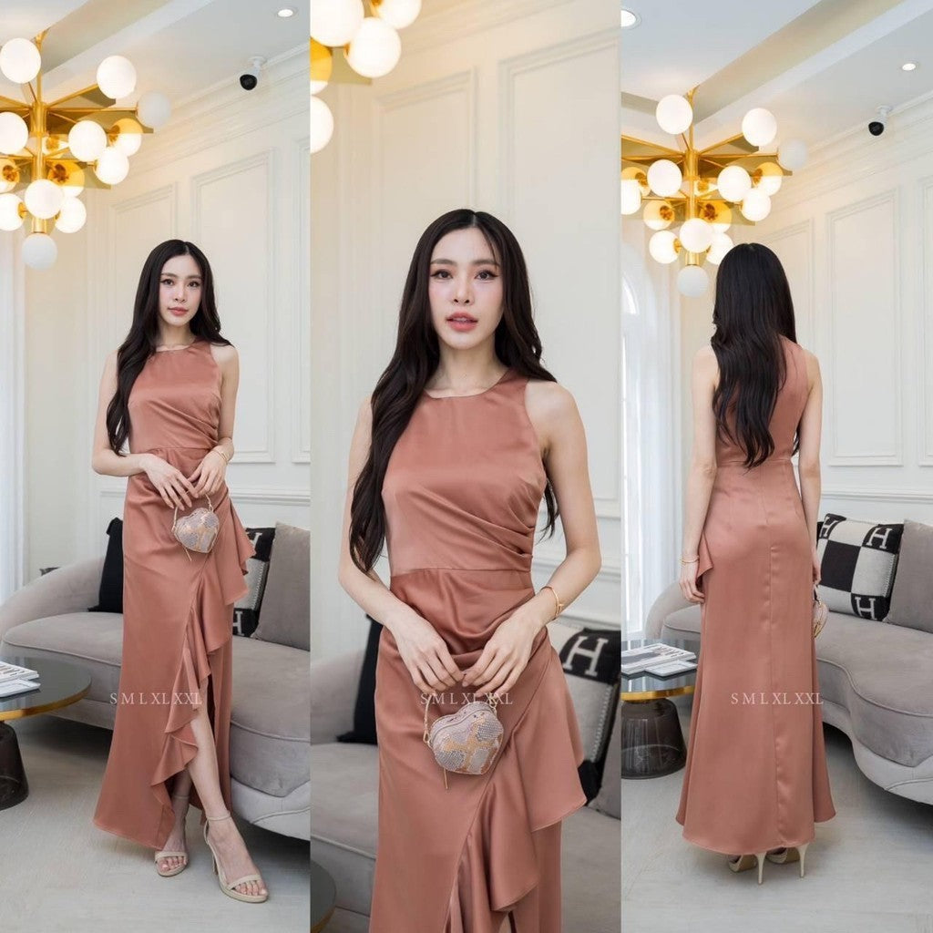 ชุดไปงานแต่ง เรียบหรู ดูแพง ชุดราตรี NP046 เกรดพรีเมี่ยม คอกลม กล้ามแขนกุด กระโปรงจีบ ระบาย Woman Dress เสื้อผ้า ผู้หญิง
