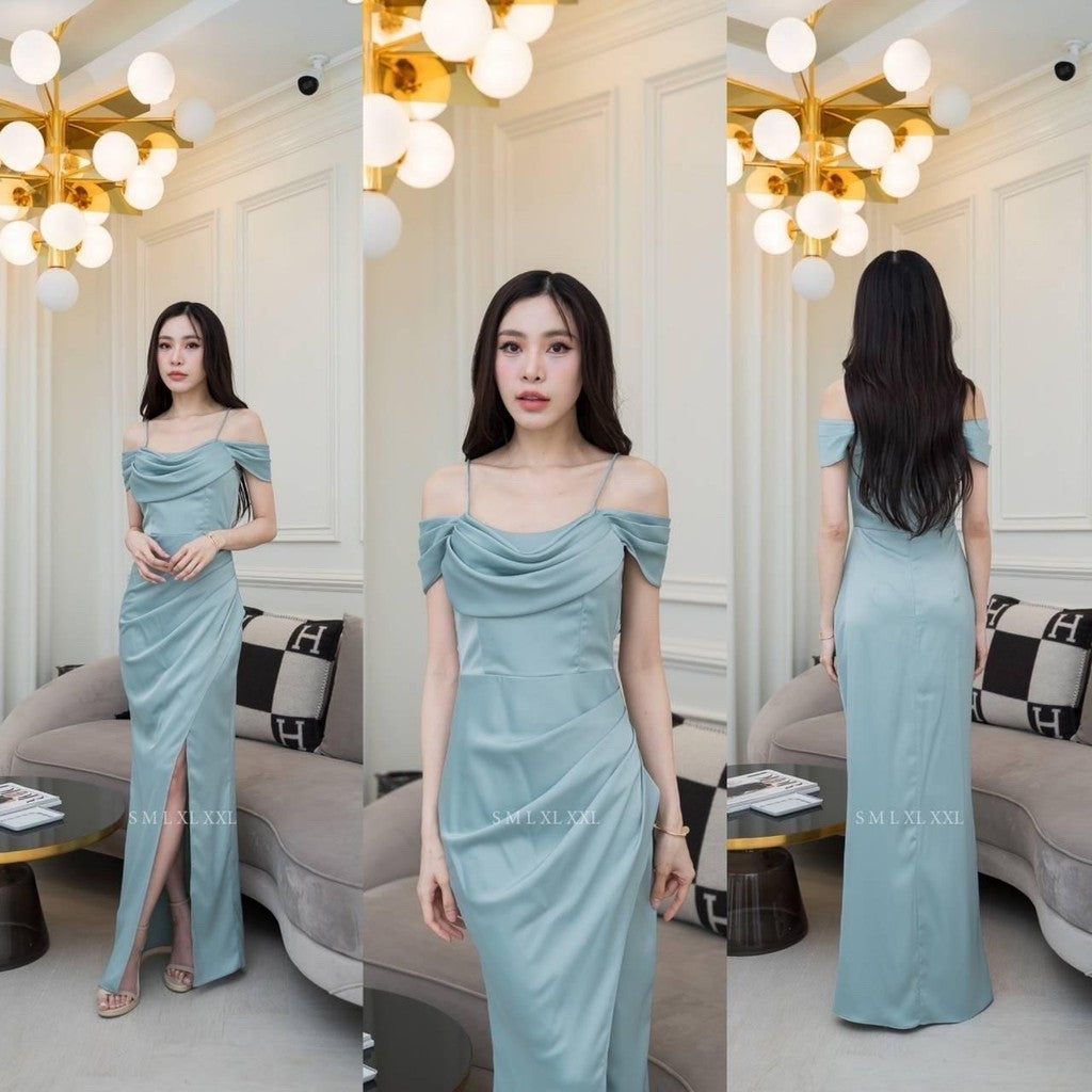 ชุดไปงานแต่ง เรียบหรู ดูแพง ชุดราตรี N294 ผ้าเครปซาติน คอถ่วง3ชั้น ระบาย งานแต่งงาน Woman Dress ซาติน เสื้อผ้า ผู้หญิง