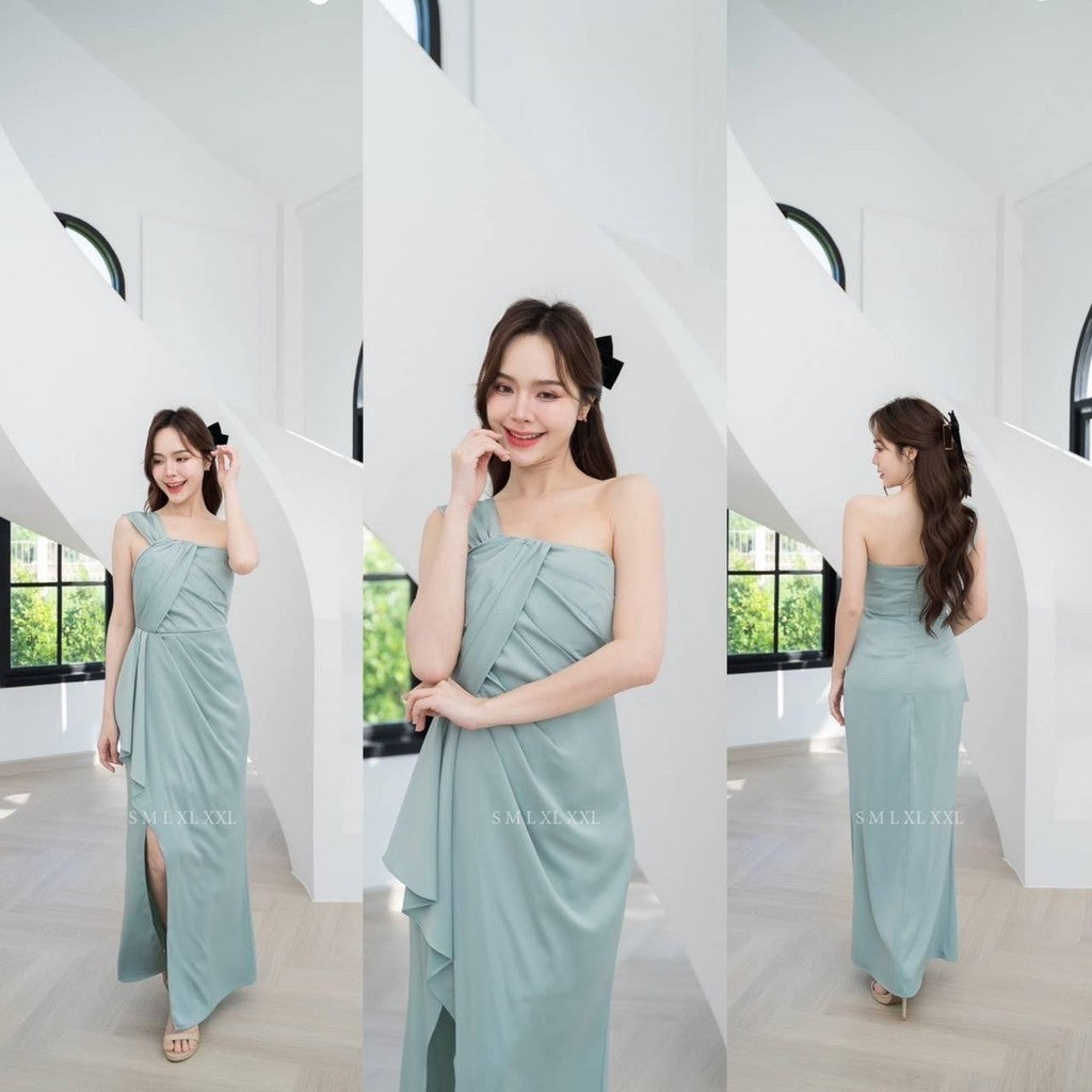 เดรสยาว ชุดเดรส ชุดราตรี NP045 พรีเมี่ยม แต่งอกเก๋ๆ กระโปรงยาว จีบพรางท้อง Woman Dress ผู้หญิง