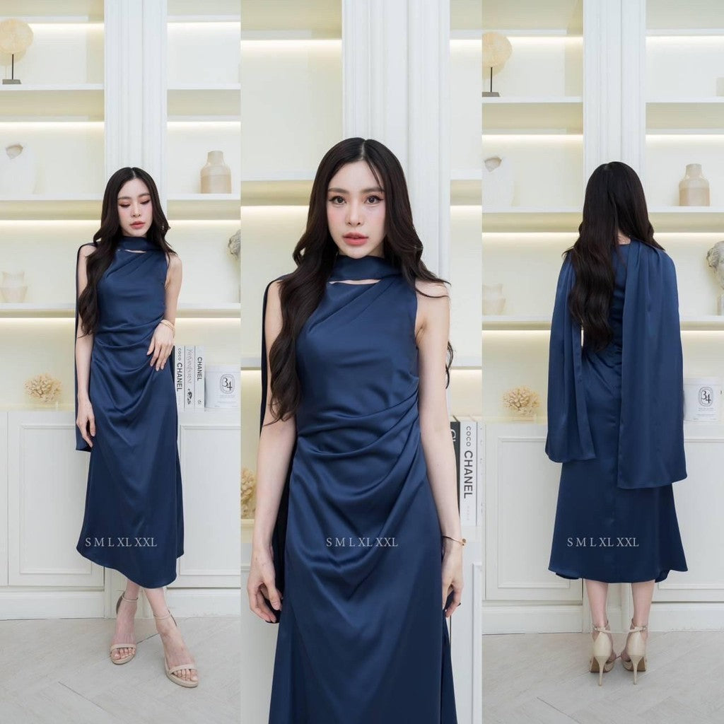 ชุดไปงานแต่ง เรียบหรู ดูแพง ชุดราตรี N293 ผ้าซาติน เดรสยาว คอกลม แขนกุด ผ้าพันคอ งานแต่งงาน Woman Dress เสื้อผ้า ผู้หญิง