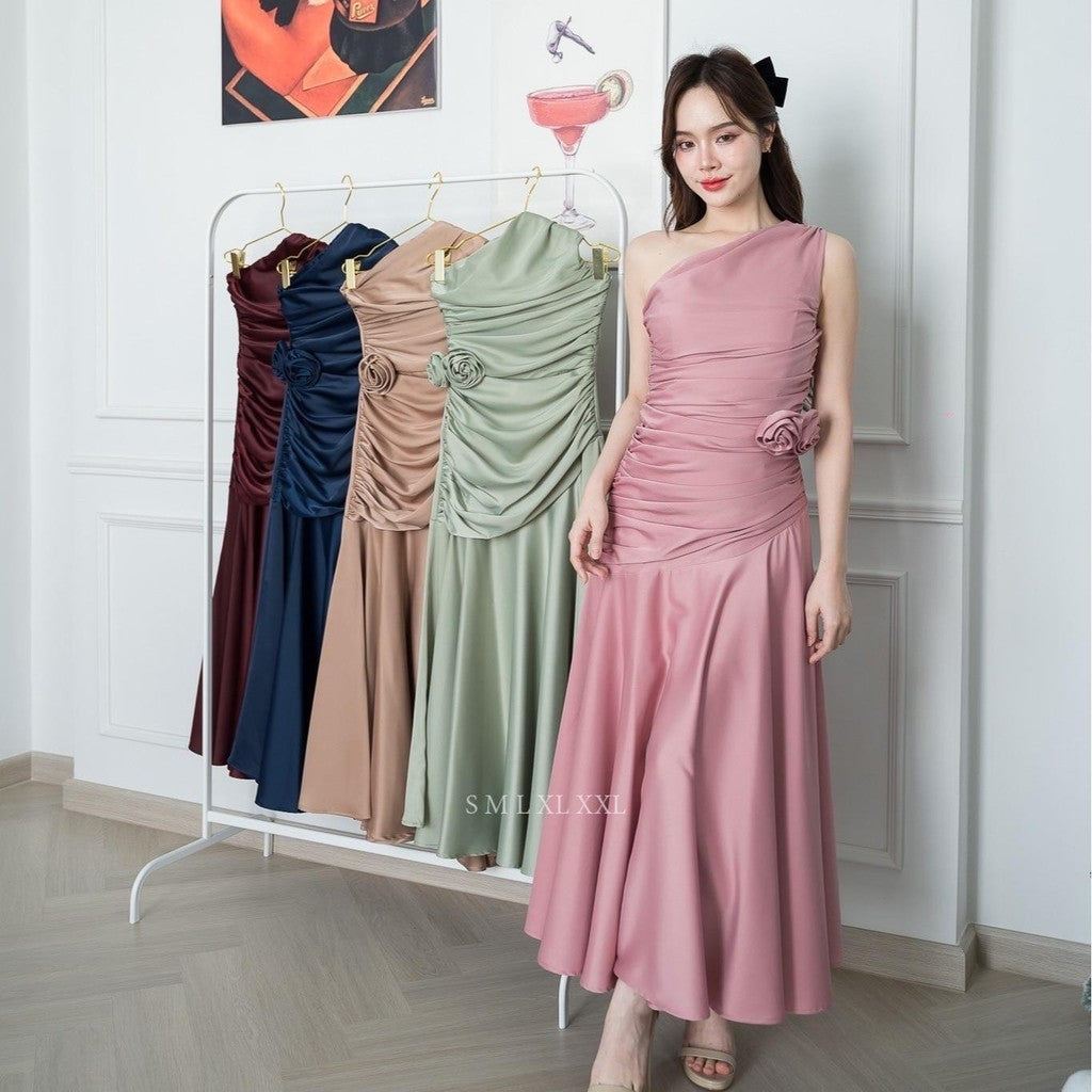 เดรสยาว ชุดออกงาน ชุดราตรียาว เดรสหรู NP050 เกรดพรีเมี่ยม ไหล่เบี่ยง Woman Dress เสื้อผ้า ผู้หญิง