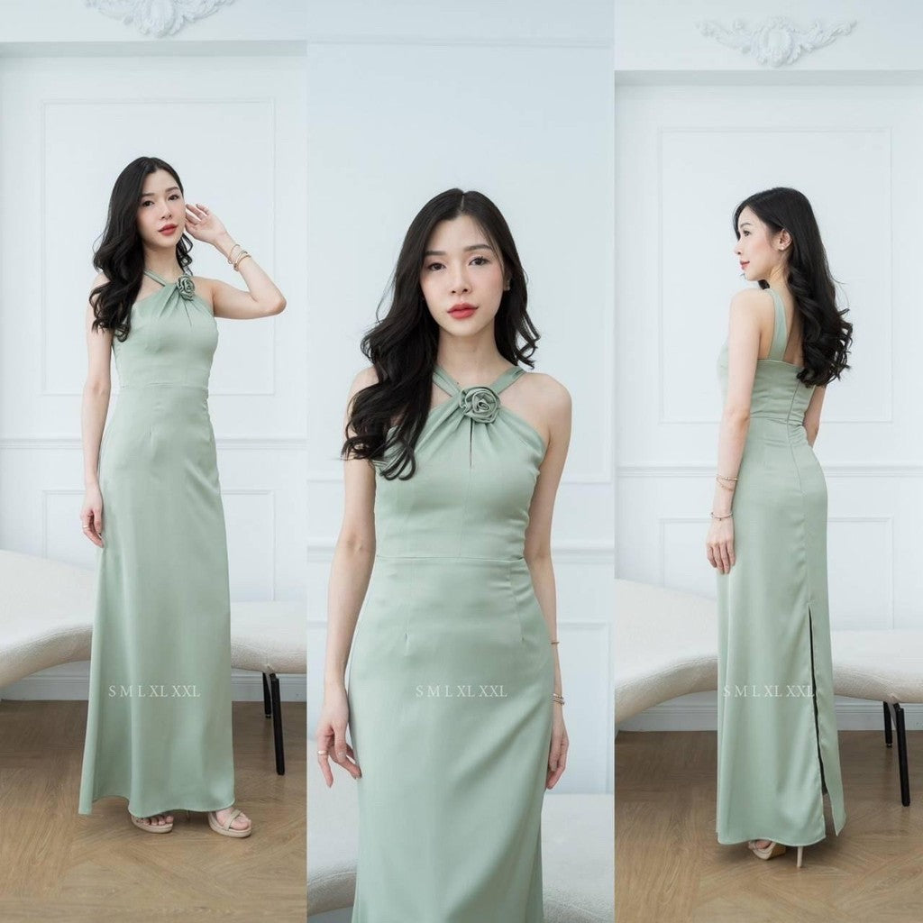 เดรสยาว ชุดออกงาน ชุดราตรียาว เดรสหรู NP040 เกรดพรีเมี่ยม แถมดอกไม้เข็มกลัด 1 ดอก ผูกคอ ผูกแขนได้ Woman Dress