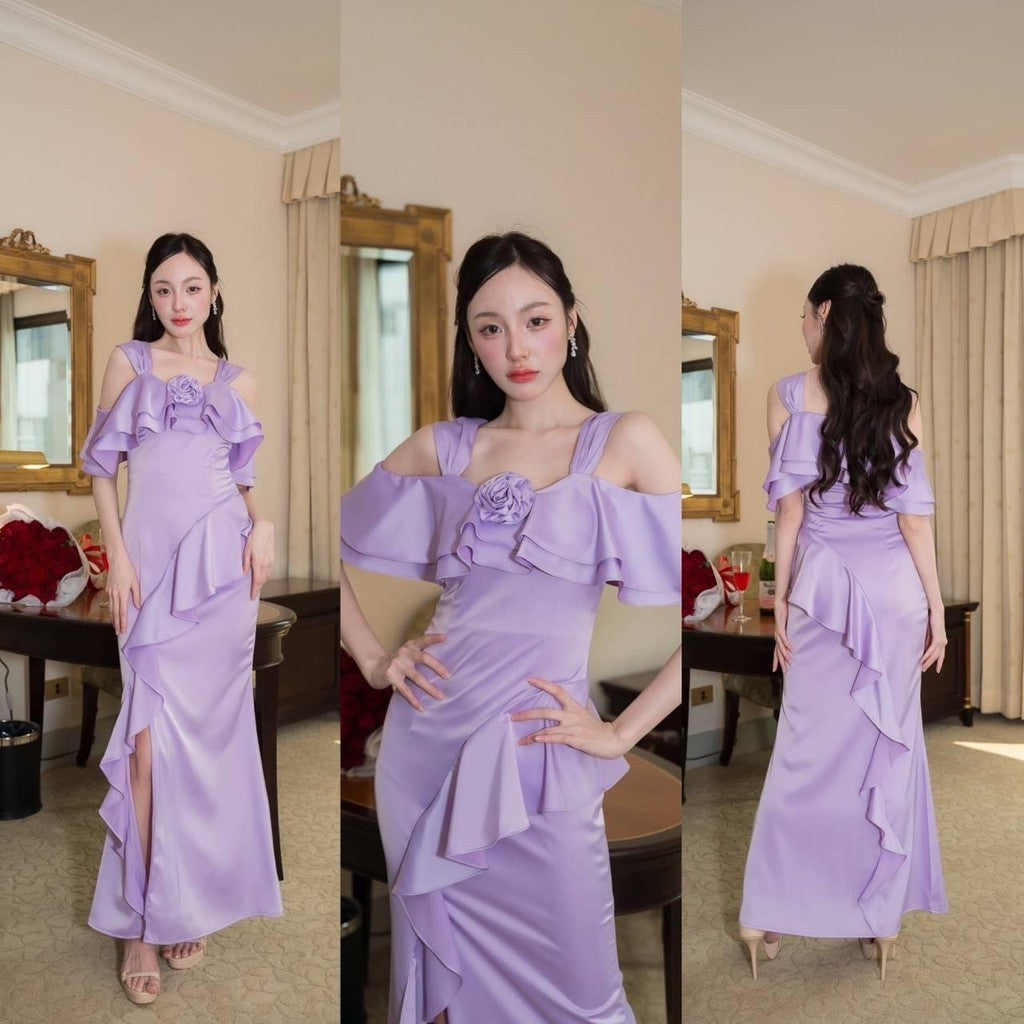 เดรสยาว ชุดออกงาน ชุดราตรียาว Luxury พรีเมี่ยม ระบาย 2 ชั้น อ้อมแขน เสื้อผ้า ผู้หญิง Dress Woman