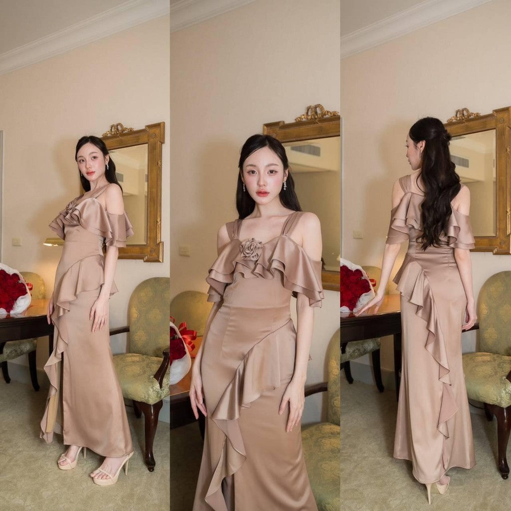 เดรสยาว ชุดออกงาน ชุดราตรียาว Luxury พรีเมี่ยม ระบาย 2 ชั้น อ้อมแขน เสื้อผ้า ผู้หญิง Dress Woman
