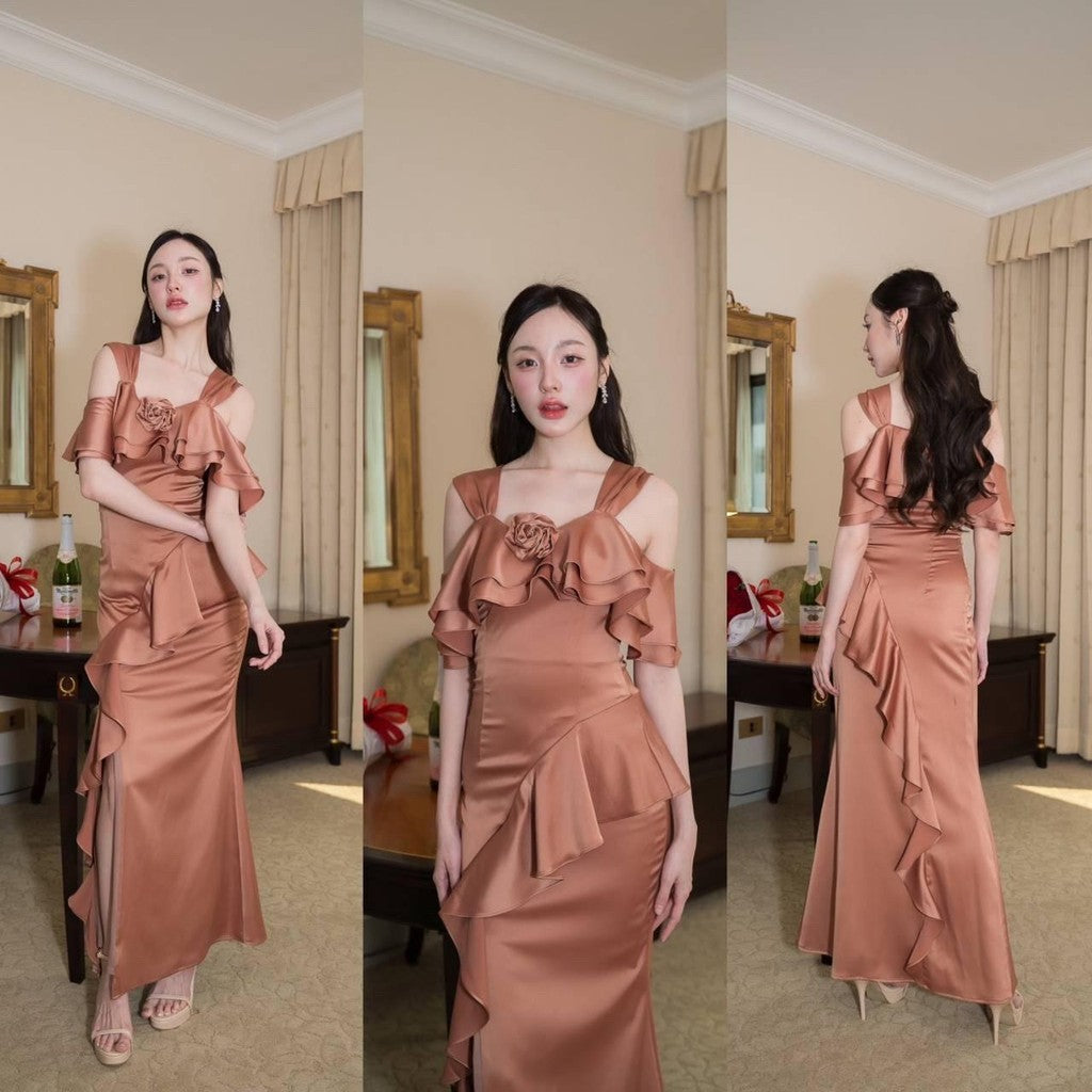 เดรสยาว ชุดออกงาน ชุดราตรียาว Luxury พรีเมี่ยม ระบาย 2 ชั้น อ้อมแขน เสื้อผ้า ผู้หญิง Dress Woman