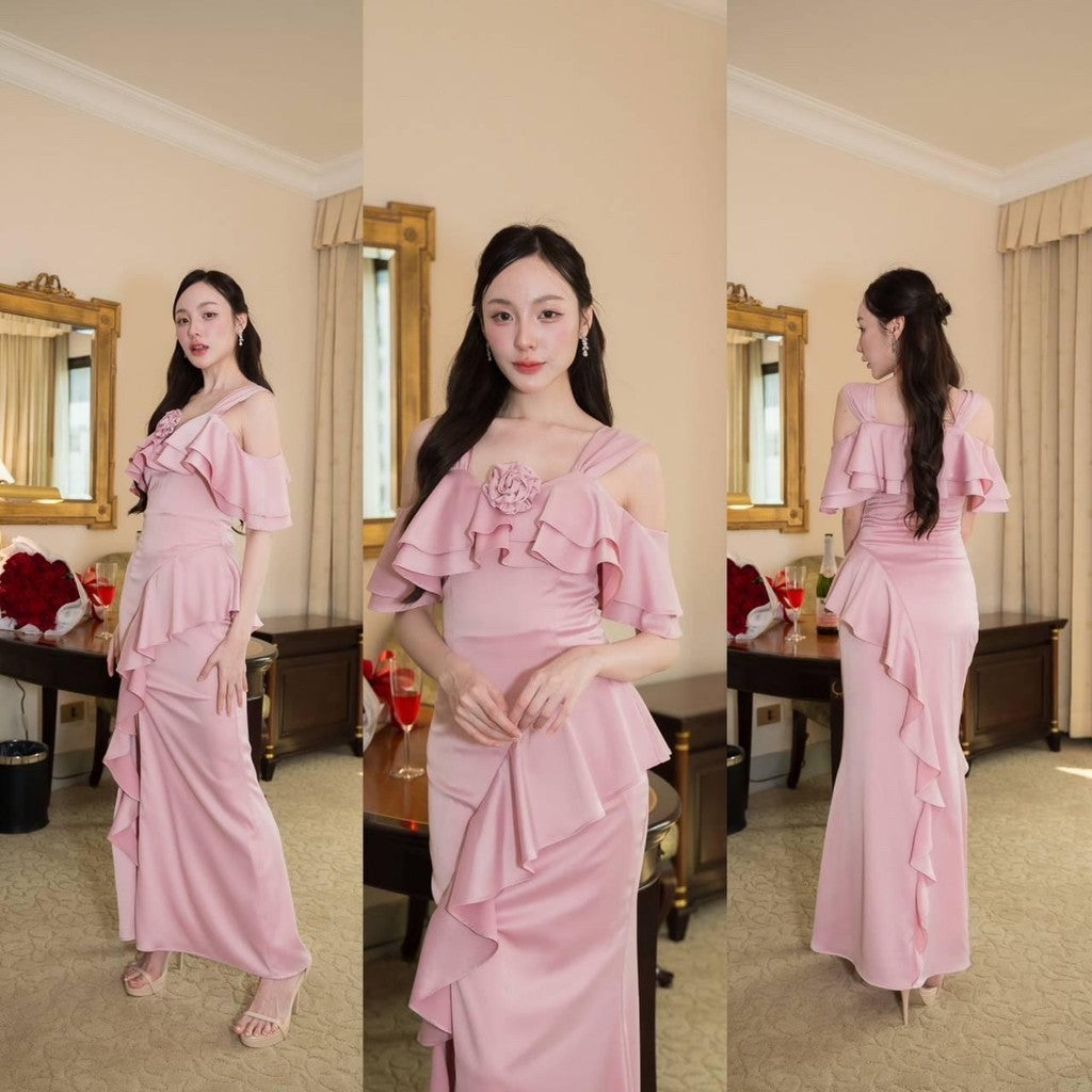 เดรสยาว ชุดออกงาน ชุดราตรียาว Luxury พรีเมี่ยม ระบาย 2 ชั้น อ้อมแขน เสื้อผ้า ผู้หญิง Dress Woman