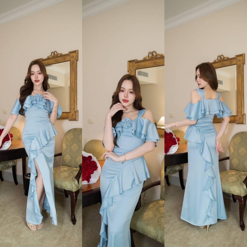 เดรสยาว ชุดออกงาน ชุดราตรียาว Luxury พรีเมี่ยม ระบาย 2 ชั้น อ้อมแขน เสื้อผ้า ผู้หญิง Dress Woman