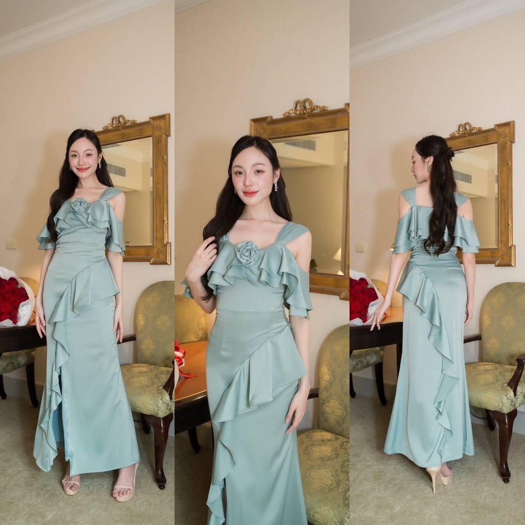 เดรสยาว ชุดออกงาน ชุดราตรียาว Luxury พรีเมี่ยม ระบาย 2 ชั้น อ้อมแขน เสื้อผ้า ผู้หญิง Dress Woman