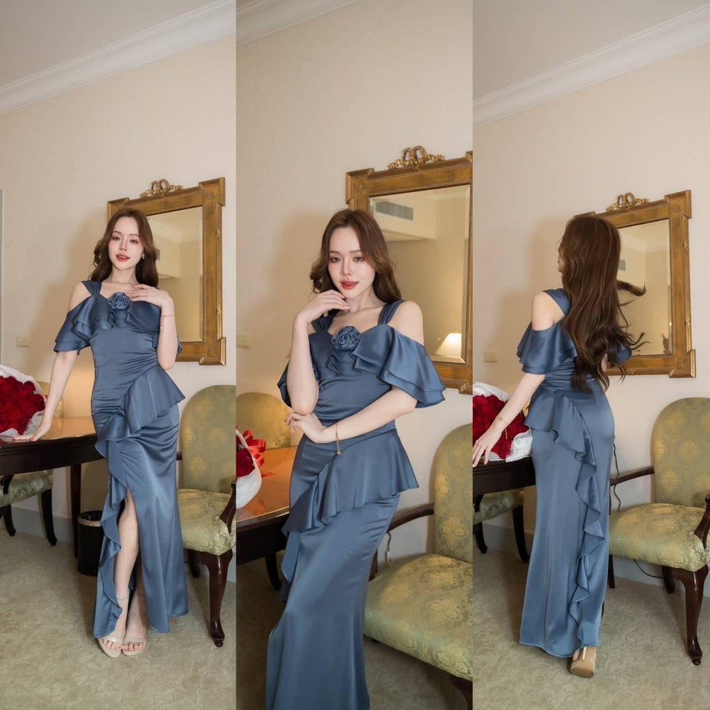 เดรสยาว ชุดออกงาน ชุดราตรียาว Luxury พรีเมี่ยม ระบาย 2 ชั้น อ้อมแขน เสื้อผ้า ผู้หญิง Dress Woman