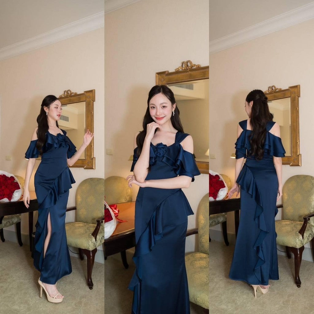 เดรสยาว ชุดออกงาน ชุดราตรียาว Luxury พรีเมี่ยม ระบาย 2 ชั้น อ้อมแขน เสื้อผ้า ผู้หญิง Dress Woman