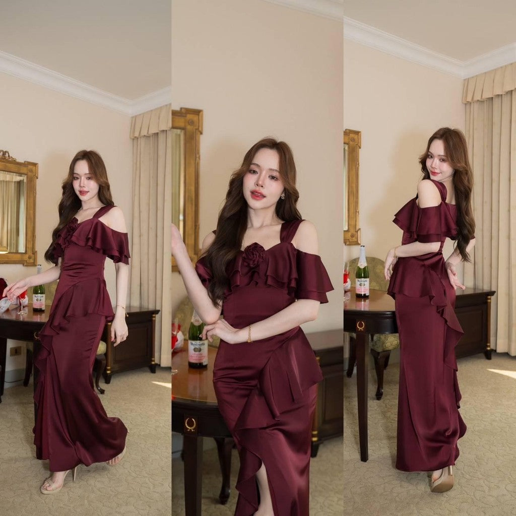 เดรสยาว ชุดออกงาน ชุดราตรียาว Luxury พรีเมี่ยม ระบาย 2 ชั้น อ้อมแขน เสื้อผ้า ผู้หญิง Dress Woman