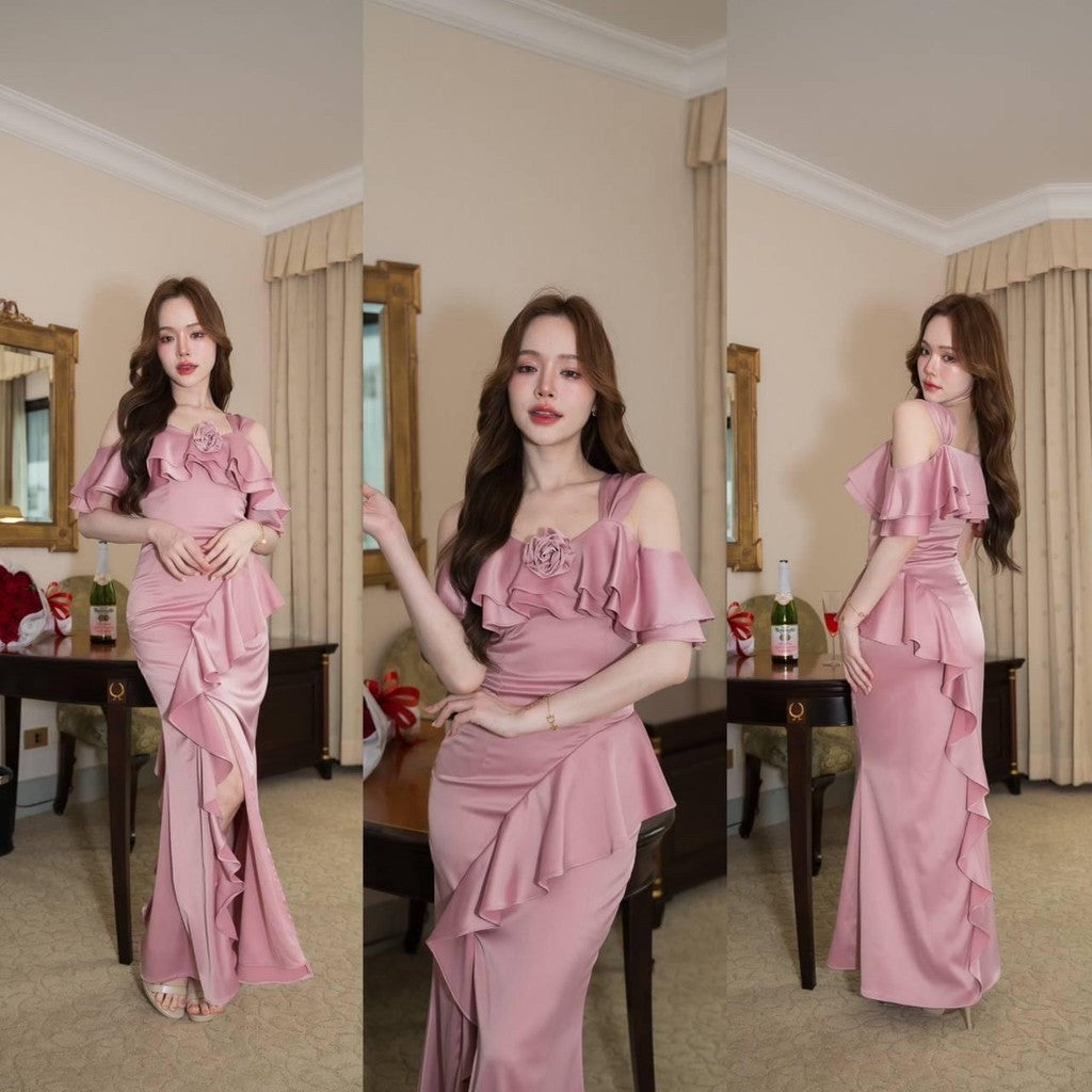 เดรสยาว ชุดออกงาน ชุดราตรียาว Luxury พรีเมี่ยม ระบาย 2 ชั้น อ้อมแขน เสื้อผ้า ผู้หญิง Dress Woman