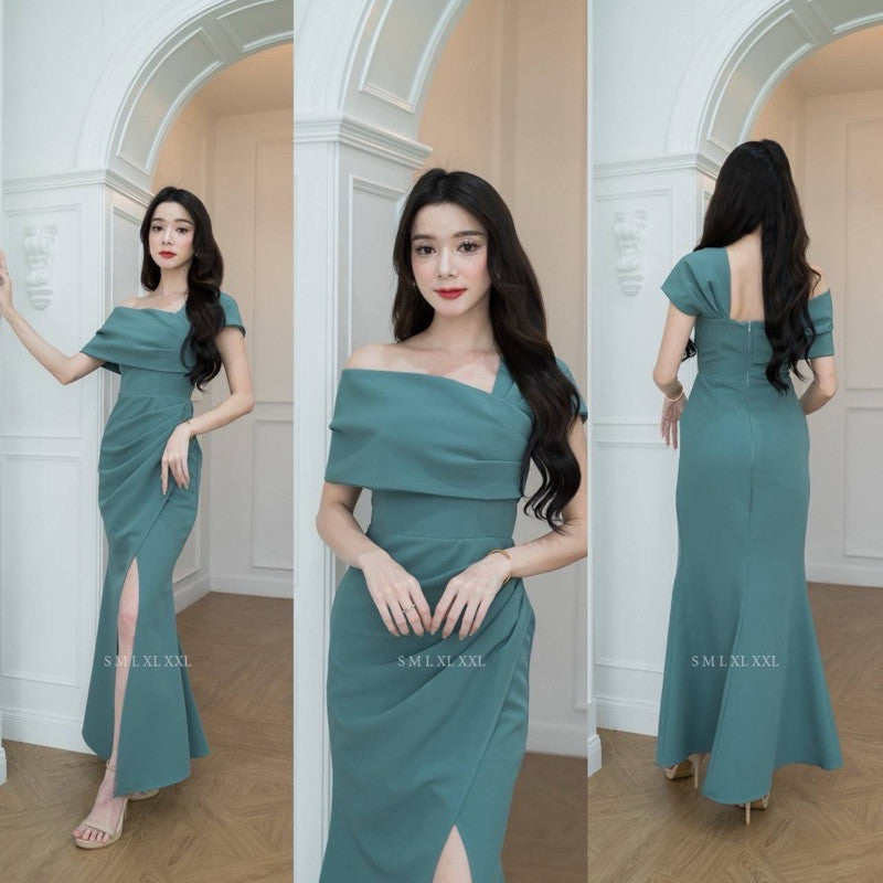 ชุดเดรสออกงาน ชุดราตรี เดรส Dress Daisy ชุดออกงาน เดรสยาว เกาะอกระบาย ปาดไหล่2ข้าง ชุดราตรี Woman