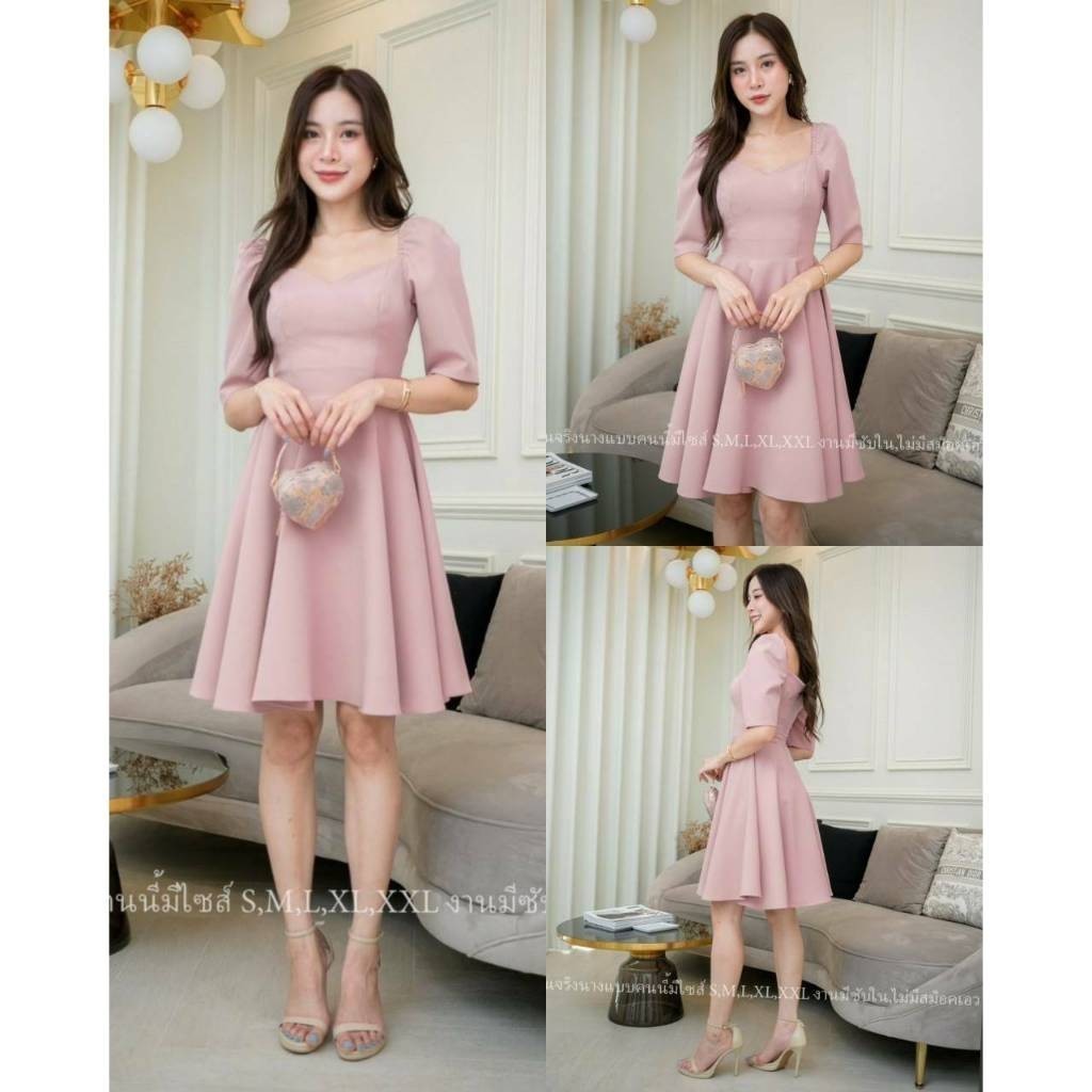 ชุดเดรสออกงาน ชุดราตรี เดรส Dress เดรสสั้น แขนตุ๊กตา กระโปรงพริ้ว พร้อมส่ง S-2XL เดรสสั้นน่ารักๆ เดรสสาวอวบ