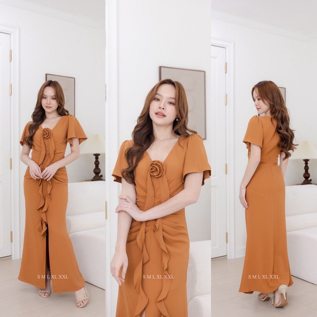 เดรสยาว ชุดออกงาน ชุดตรีม ธีมน้ำตาล ชุดราตรีสีน้ำตาล ชุดไปงาน เดรสงานแต่ง พร้อมส่ง Dress Woman