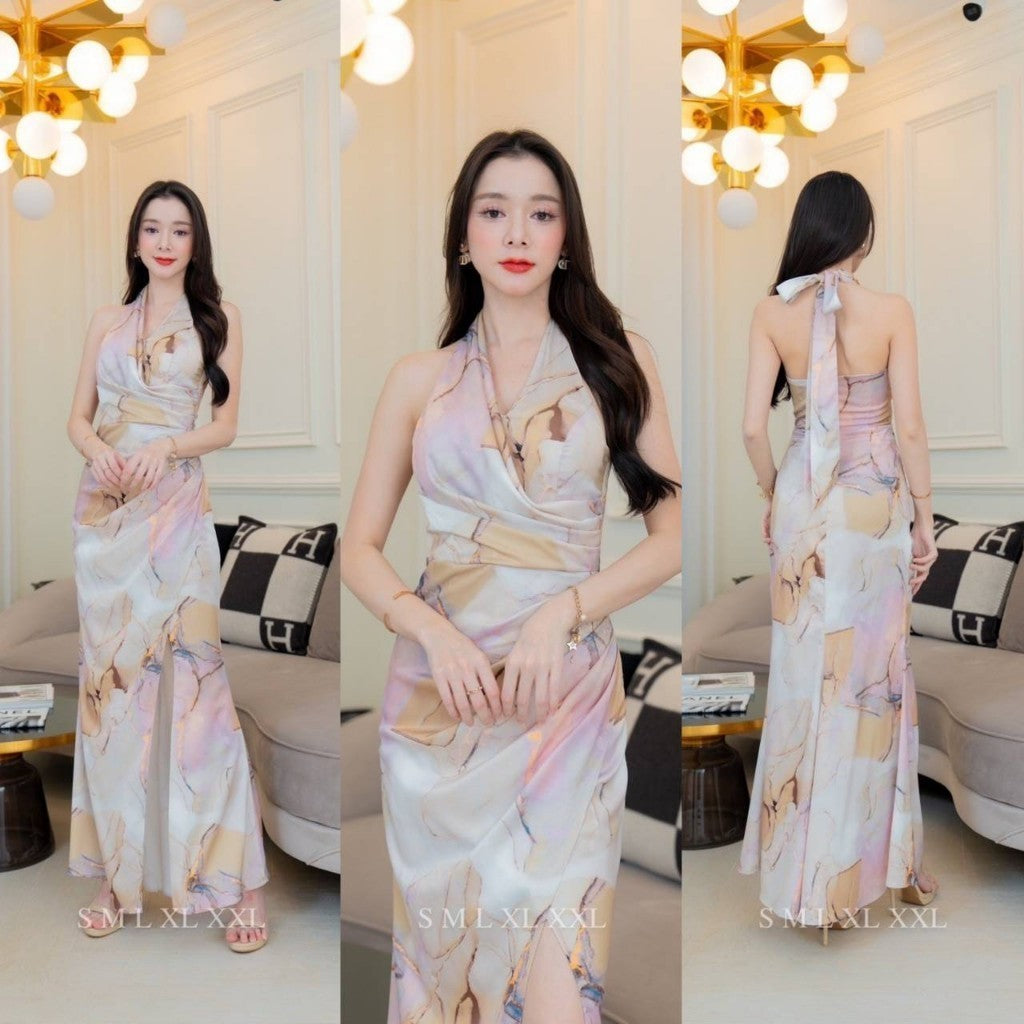 ชุดราตรี ชุดออกงาน เดรสยาว ชุดไปงานแต่ง ผ้าเครปซาติน พิมพ์ลาย คอถ่วง ผูกคอหลัง งานแต่งงาน Woman Dress Dresses