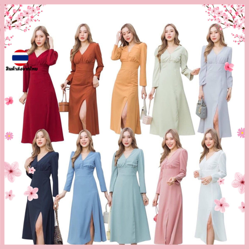 ชุดเดรสออกงาน ชุดราตรี เดรส Dress ชุดเดรสแขนยาว ผ้าทวิลคอวี ไซส์ S-2XL ชุดเดรสไปงานแต่ง เดรสยาว งานแต่งงาน Dresses Woman