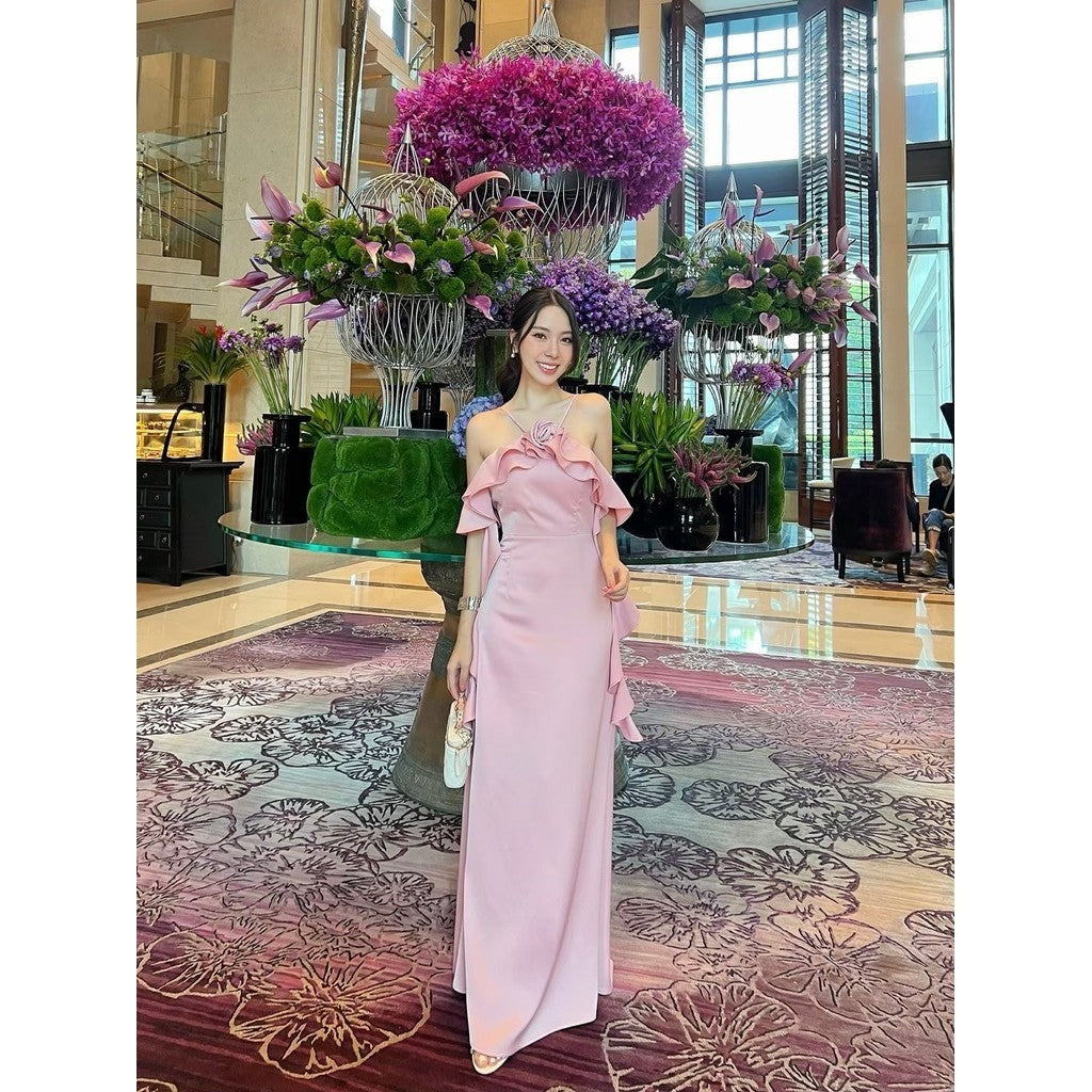 เดรสยาว ชุดราตรียาว เดรสออกงาน FIORA ผ้าเครป ซาติน สายเดี่ยว มีดอกไม้ สายเกลียว ผู้หญิง Woman Dress