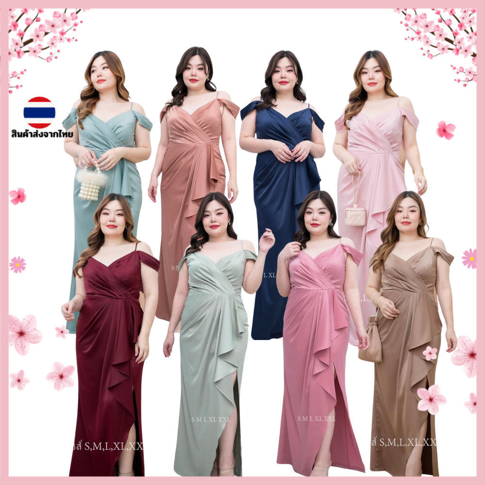 ชุดไปงานแต่งสาวอวบ ชุดราตรี ชุดเดรสออกงาน พรีเมี่ยม สวยหรู สายเดี่ยว คล้องแขน เดรสยาว Woman Lady Dresses