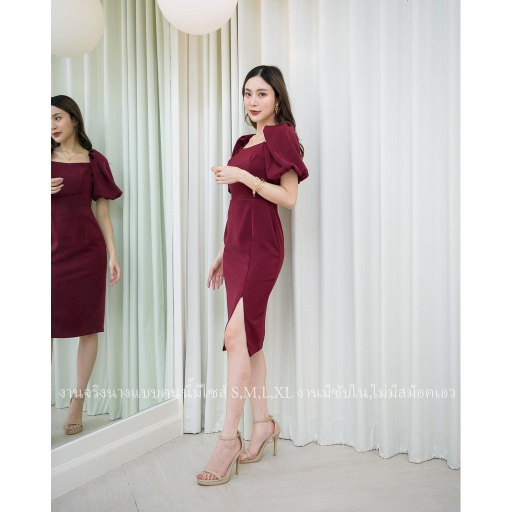 ชุดเดรสออกงาน ชุดราตรี เดรส Dress ผ้าฮานาโกะ แขนพอง น่ารัก เรียบร้อย มีซิปหลัง ซับใน งาน ช่วงเย็น เสื้อคอเว้า