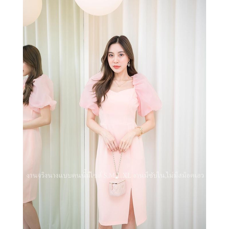 ชุดเดรสออกงาน ชุดราตรี เดรส Dress ผ้าฮานาโกะ เดรสเรียบร้อย แขนพองผ้าออแกนดี้ เดรสออกงาน มีหลายสี ชุดขายดี