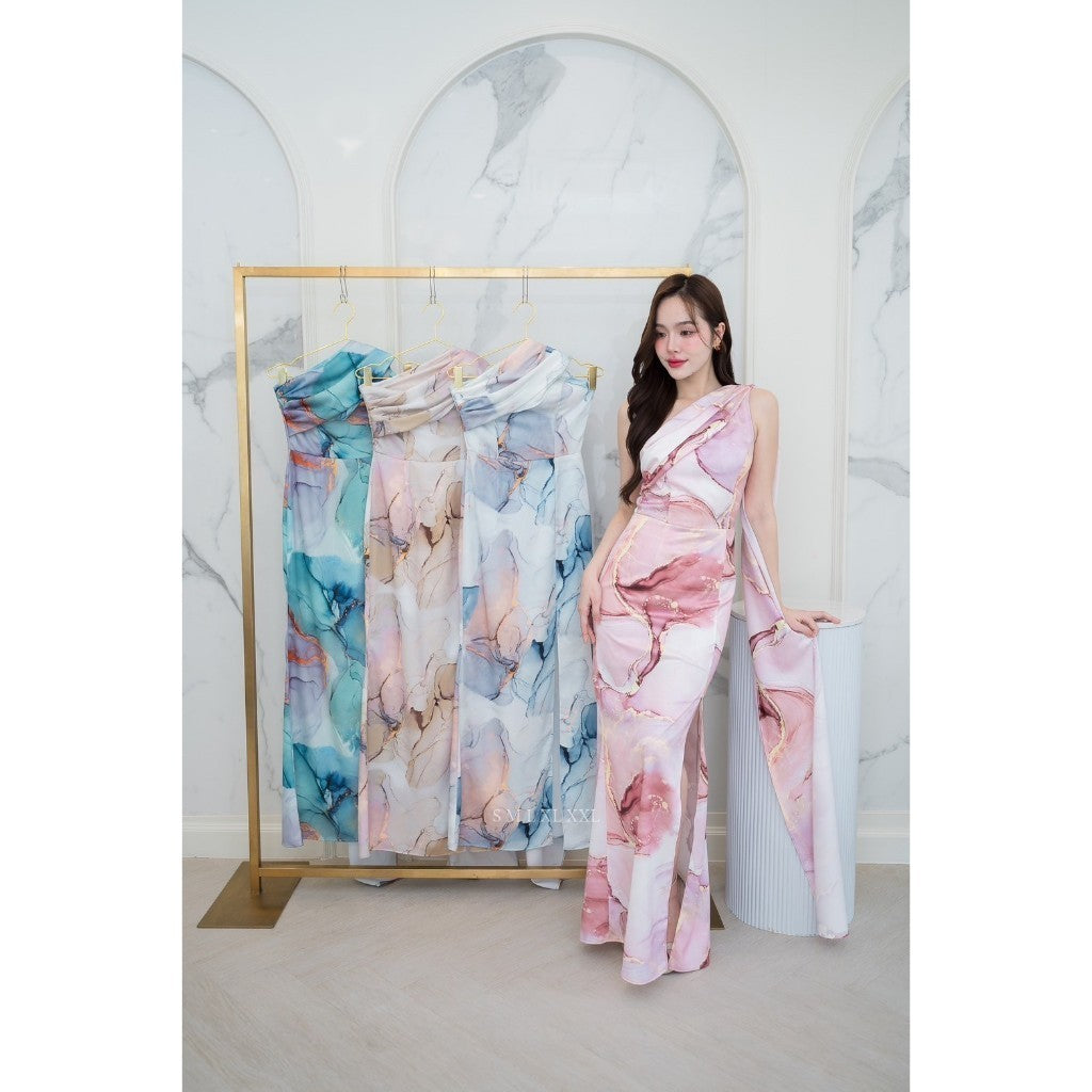 ชุดเดรสออกงาน ชุดราตรี เดรส Dress ชุดราตรี ชุดออกงาน ผ้าเครปซาติน พิมพ์ลาย ไหล่เบี่ยง สไบใหญ่ Woman Dress Dresses
