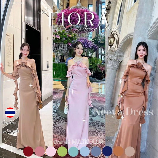 เดรสยาว ชุดราตรียาว เดรสออกงาน FIORA ผ้าเครป ซาติน สายเดี่ยว มีดอกไม้ สายเกลียว ผู้หญิง Woman Dress
