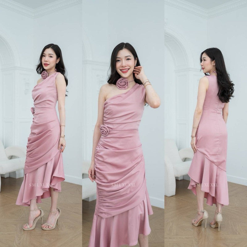 ชุดไปงานแต่ง เรียบหรู ดูแพง ชุดเดรส ชุดออกงาน ชุดราตรี NP038 พรีเมี่ยม ไหล่เบี่ยงจีบข้าง มีดอกไม้ งานแต่งงาน Woman Dress