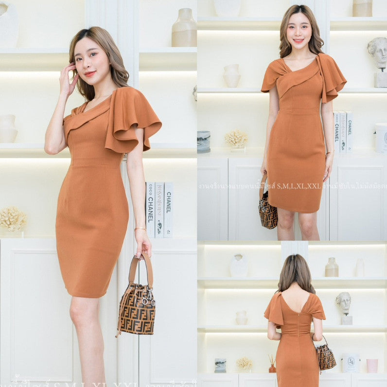 ชุดเดรสออกงาน ชุดราตรี เดรส Dress ผ้าฮานาโกะ ดีไซน์ใหม่ น่ารัก เก๋ตรงอกและไหล่ ชุดออกงาน มีหลายสี ซับใน ซิปหลัง