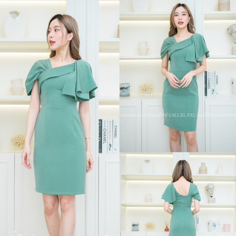 ชุดเดรสออกงาน ชุดราตรี เดรส Dress ผ้าฮานาโกะ ดีไซน์ใหม่ น่ารัก เก๋ตรงอกและไหล่ ชุดออกงาน มีหลายสี ซับใน ซิปหลัง
