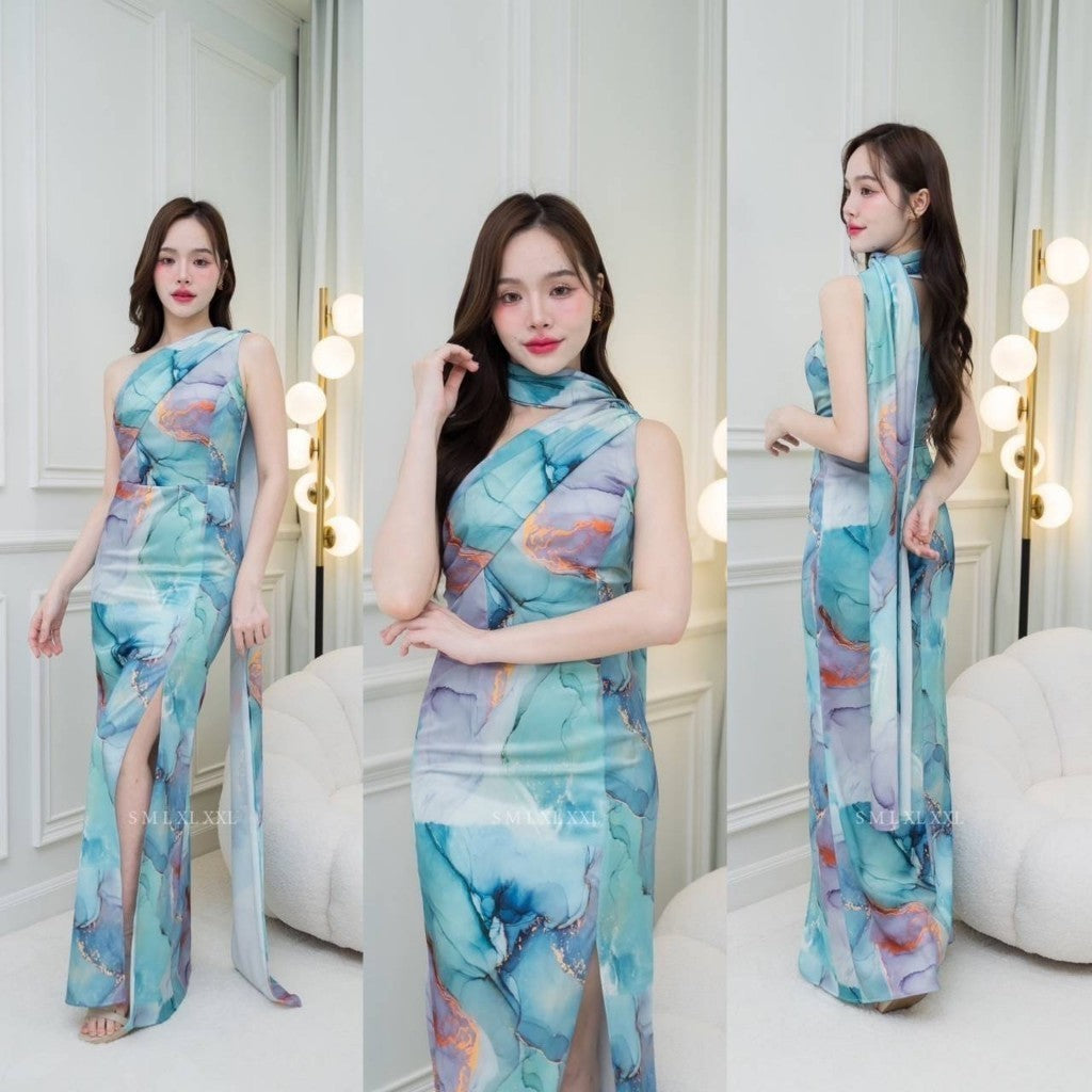 ชุดเดรสออกงาน ชุดราตรี เดรส Dress ชุดราตรี ชุดออกงาน ผ้าเครปซาติน พิมพ์ลาย ไหล่เบี่ยง สไบใหญ่ Woman Dress Dresses