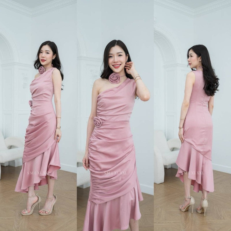 ชุดไปงานแต่ง เรียบหรู ดูแพง ชุดเดรส ชุดออกงาน ชุดราตรี NP038 พรีเมี่ยม ไหล่เบี่ยงจีบข้าง มีดอกไม้ งานแต่งงาน Woman Dress