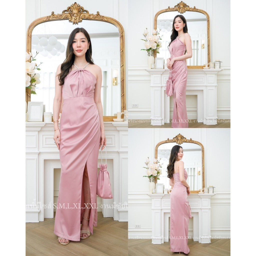 ชุดเดรสออกงาน ชุดราตรี เดรส Dress ชุดเดรสออกงาน ชุดเพื่อนเจ้าสาว เดรสยาว สายเพชร คล้องคอ งานแต่งงาน Dresses Lady