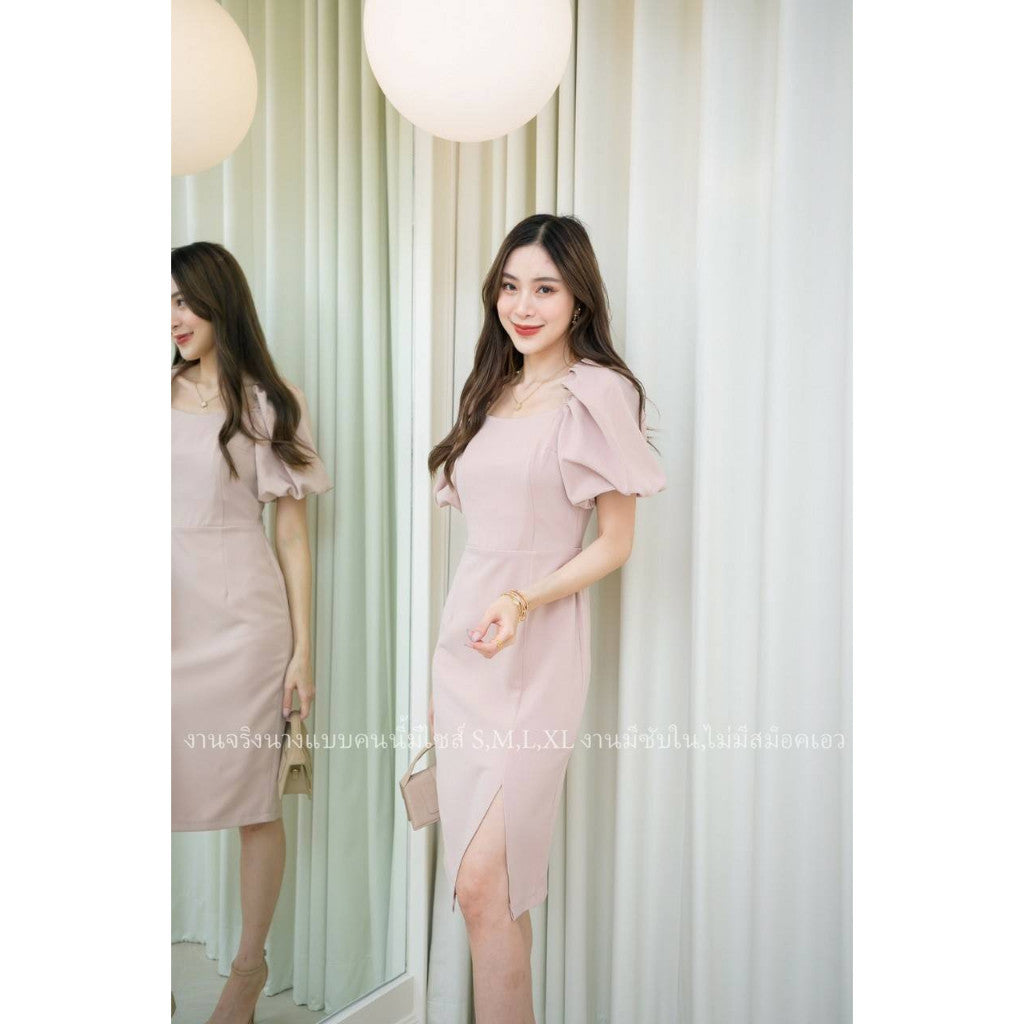 ชุดเดรสออกงาน ชุดราตรี เดรส Dress ผ้าฮานาโกะ แขนพอง น่ารัก เรียบร้อย มีซิปหลัง ซับใน งาน ช่วงเย็น เสื้อคอเว้า