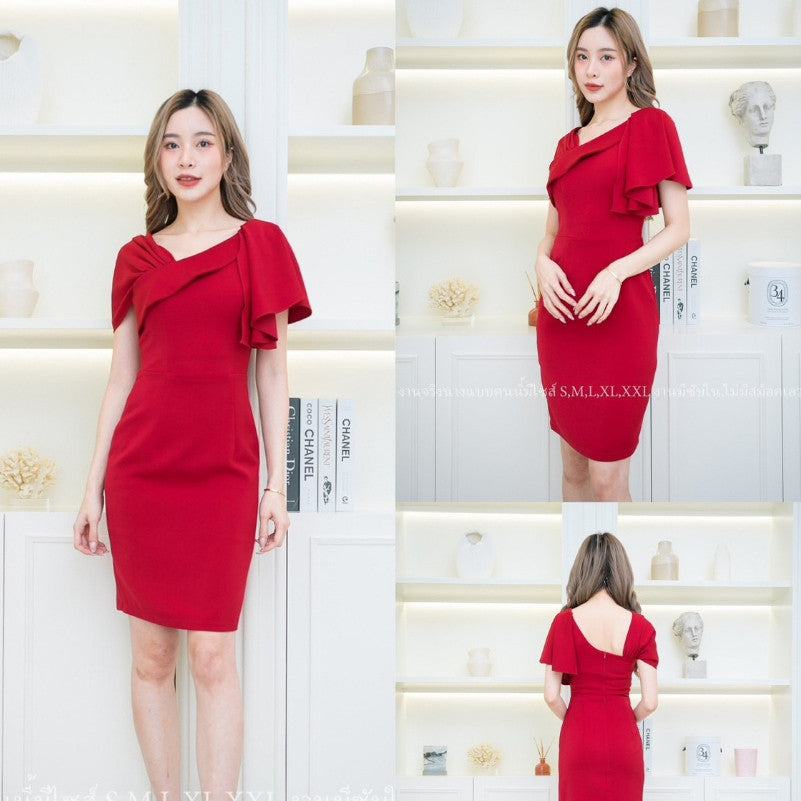 ชุดเดรสออกงาน ชุดราตรี เดรส Dress ผ้าฮานาโกะ ดีไซน์ใหม่ น่ารัก เก๋ตรงอกและไหล่ ชุดออกงาน มีหลายสี ซับใน ซิปหลัง