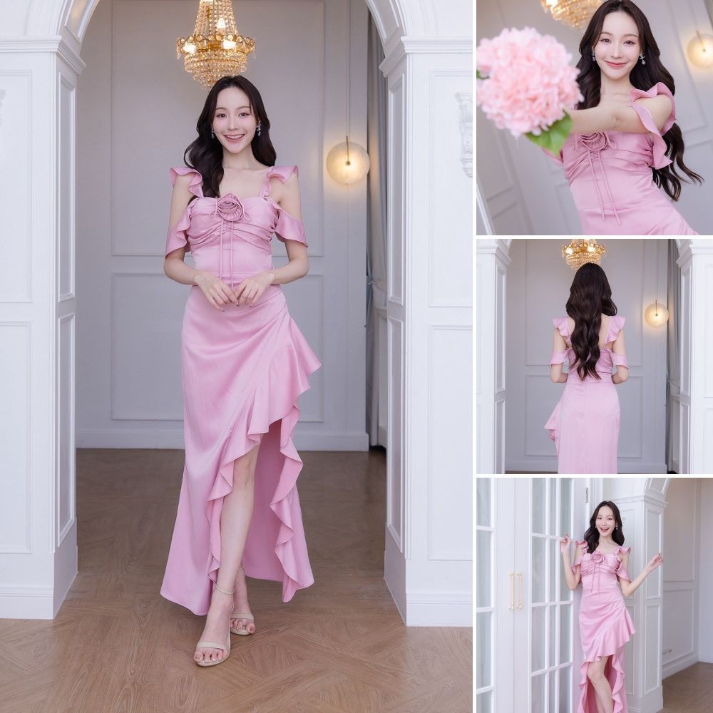 เดรสยาว ชุดออกงาน VINA DRESS พรีเมี่ยม เครปซาติน สายเกลียวหรู แถม ดอกไม้ ชุดราตรีเรียบหรู พร้อมส่ง