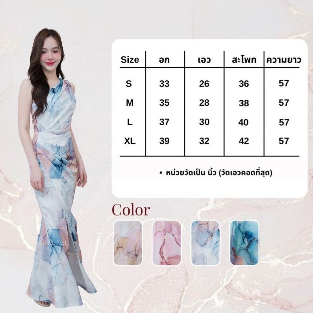 ชุดเดรสออกงาน ชุดราตรี เดรส Dress ชุดออกงาน ผ้าเครปซาติน พิมพ์ลาย ไหล่เบี่ยง จีบเอว ชุดราตรี Woman Dresses