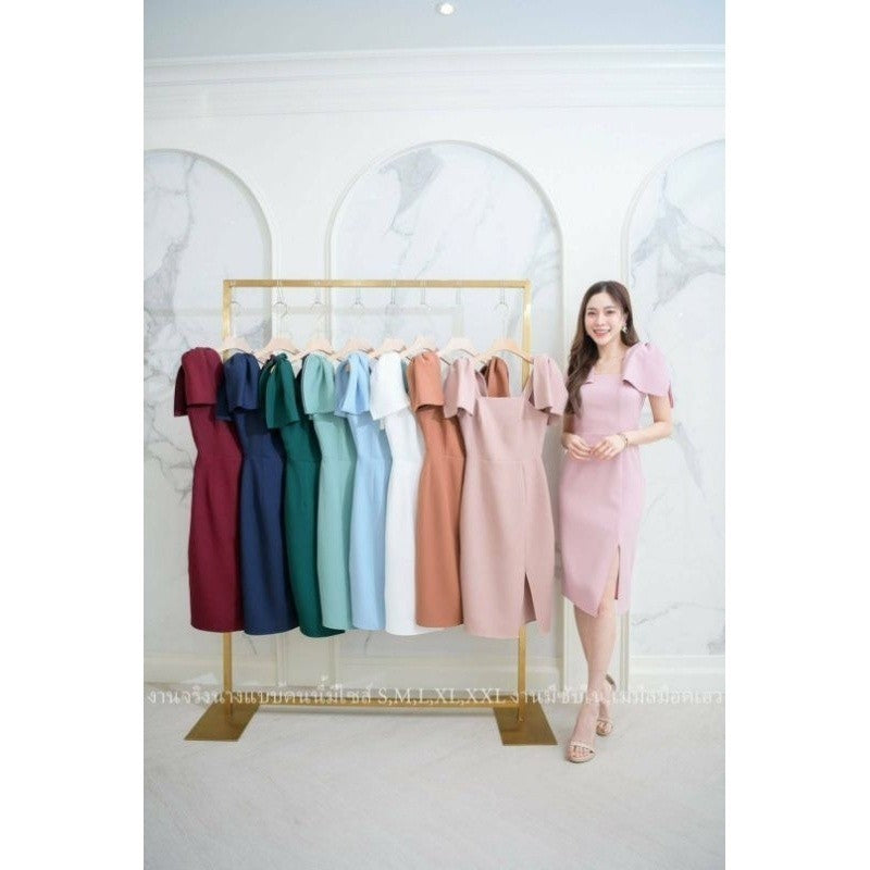 ชุดเดรสออกงาน ชุดราตรี เดรส Dress ชุดเดรส เดรสสั้น แต่งโบว์ไหล่ ชุดราตรี ชุดออกงาน งานแต่งงาน ผู้หญิง ซิปหลัง ซับใน