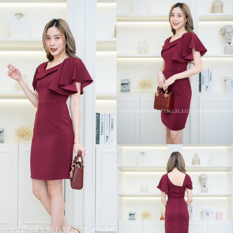 ชุดเดรสออกงาน ชุดราตรี เดรส Dress ผ้าฮานาโกะ ดีไซน์ใหม่ น่ารัก เก๋ตรงอกและไหล่ ชุดออกงาน มีหลายสี ซับใน ซิปหลัง