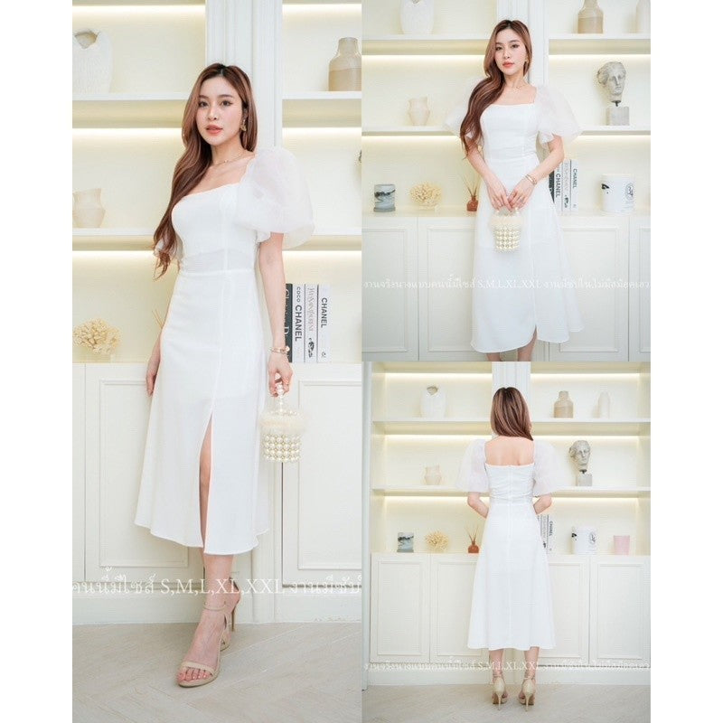 ชุดเดรสออกงาน ชุดราตรี เดรส Dress ชุดเดรส แขนพอง เดรสยาว ชุดออกงาน ชุดราตรี ผ้าออแกนดี้ ไซส์ S M L XL XXL งานแต่งงาน